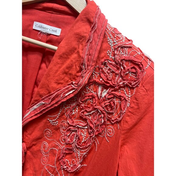 Coldwater Creek Y2K Orange Linen Embroidered Ruffled Blazer - Picture 4 of 7